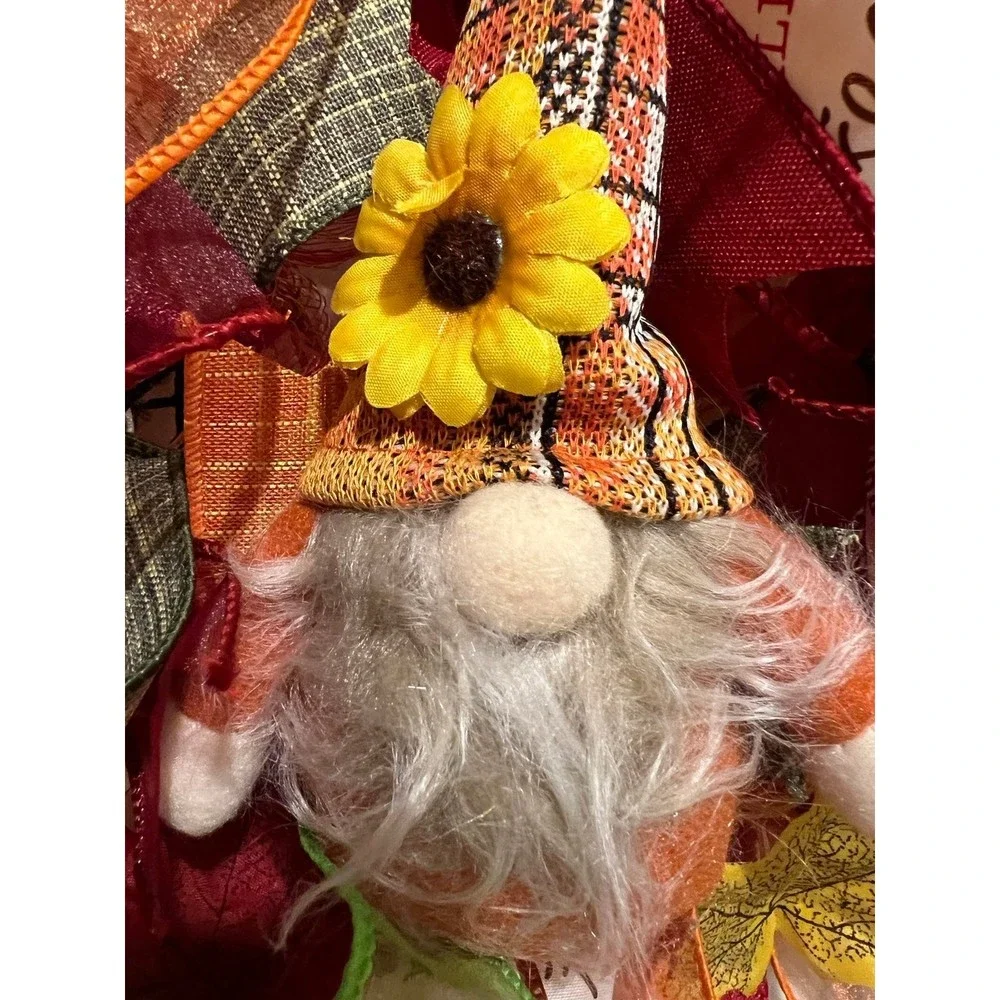 13 inch Ribbon Wreath Fall Autumn Thanksgiving Gnome MW5